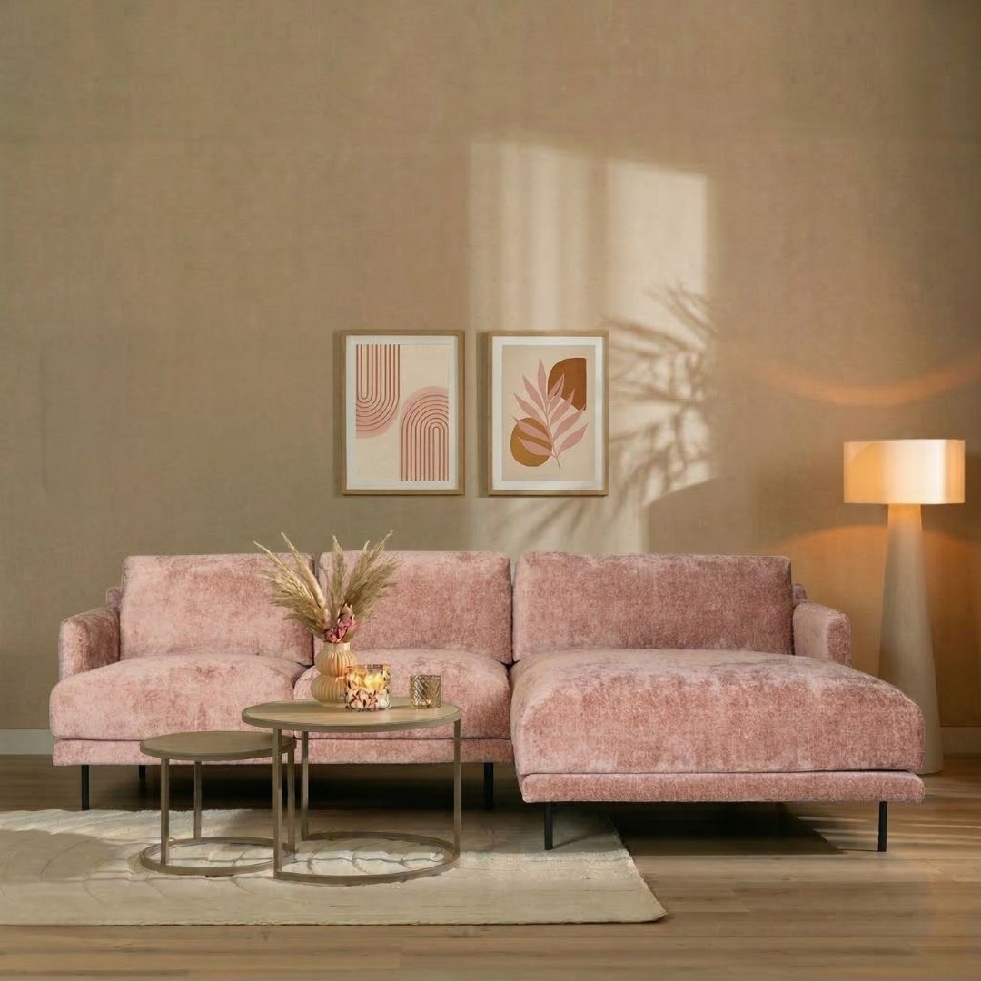 Hoekbank Denver chenille stof roze rechts