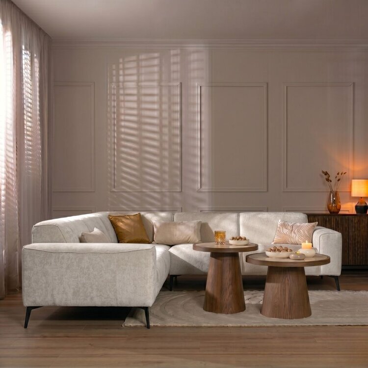 Scandinavische hoekbank Vegas off white stof gemêleerd links/rechts