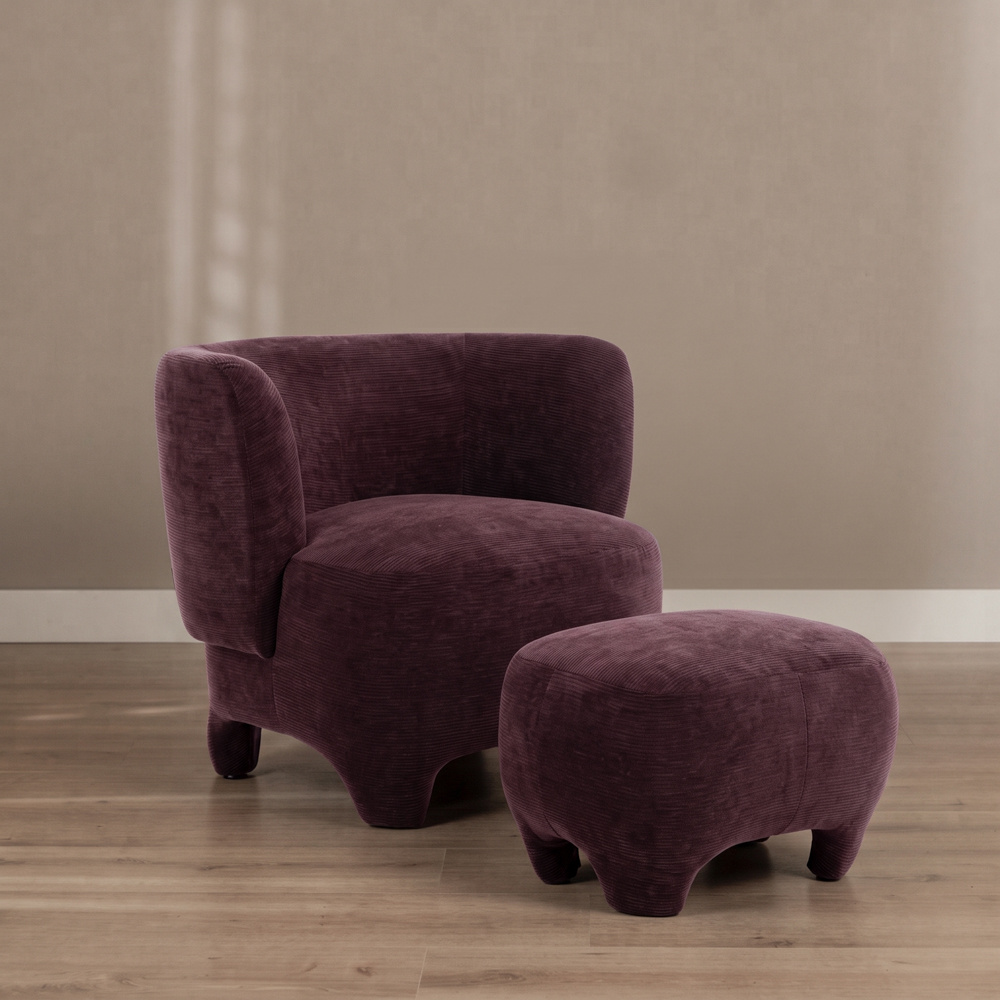 Fauteuil met hocker Emma velvet paars