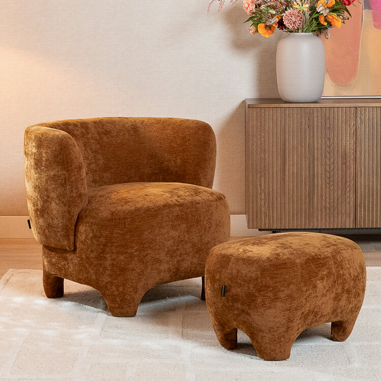Fauteuil met hocker Emma velvet oker