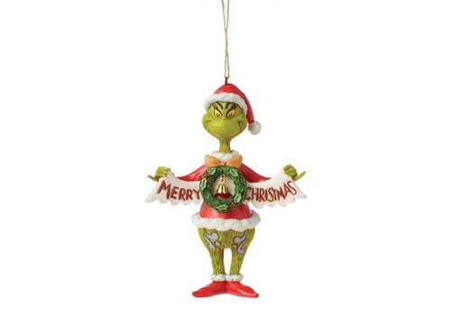 The Grinch by Jim Shore The Grinch with Christmas Banner Hanging Ornament (PRE-ORDER) - The Grinch by Jim Shore