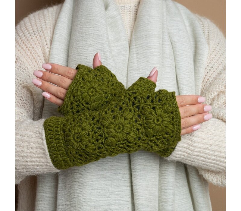Sjaal met een Verhaal - Handwarmers Granny Square Legergroen
