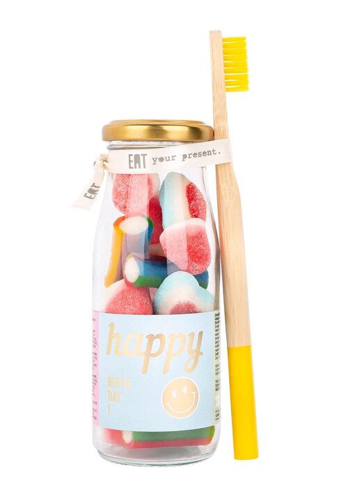 Geven is leuker Snoepflesje - Happy Birthday - met tandenborstel - Geven is leuker