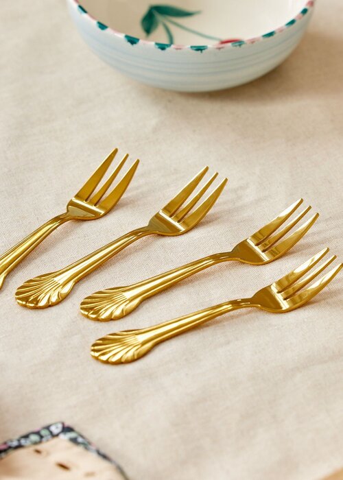 RICE Set 4 Taartvorkjes - Stainless Steel Seashell - Gold - RICE