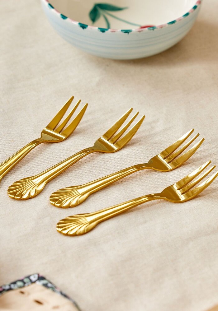RICE - Set 4 Taartvorkjes - Stainless Steel Seashell - Gold