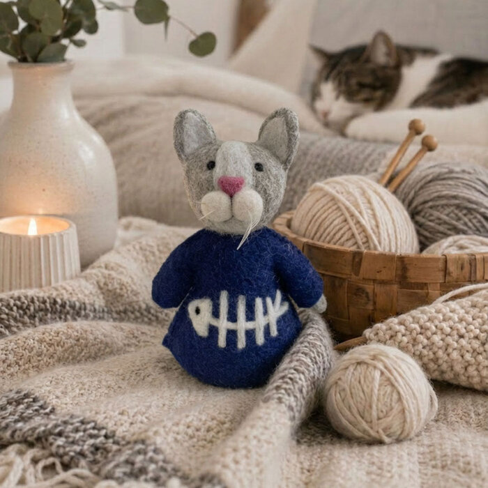 Sjaal met Verhaal Decoratie Kat Grijs met Visgraat – Sjaal met Verhaal