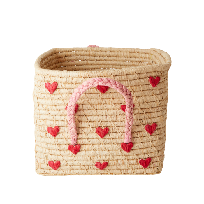 RICE - Raffia Opbergmand Naturel met Hartjes