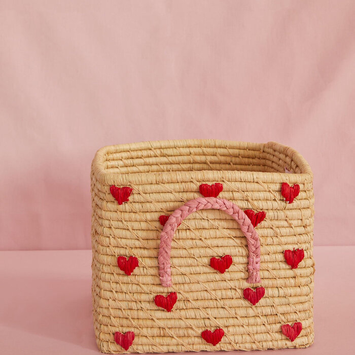 RICE - Raffia Opbergmand Naturel met Hartjes