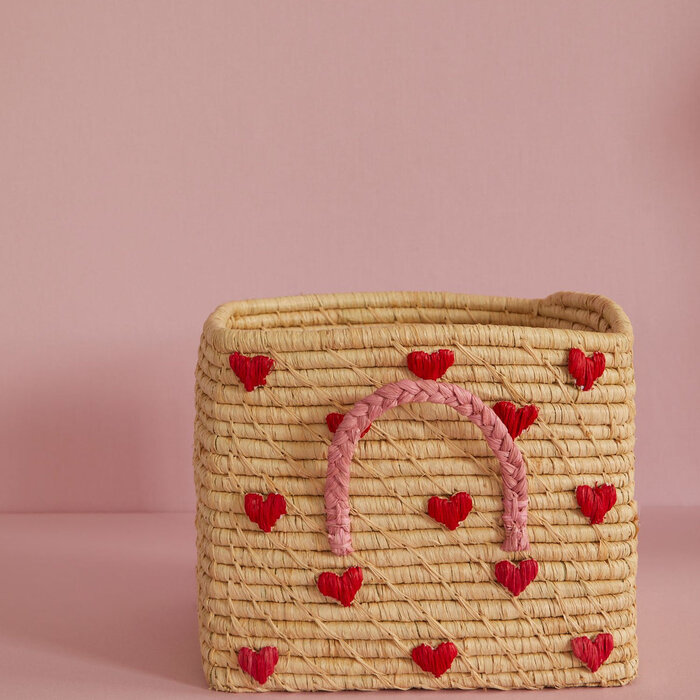 RICE - Raffia Opbergmand Naturel met Hartjes