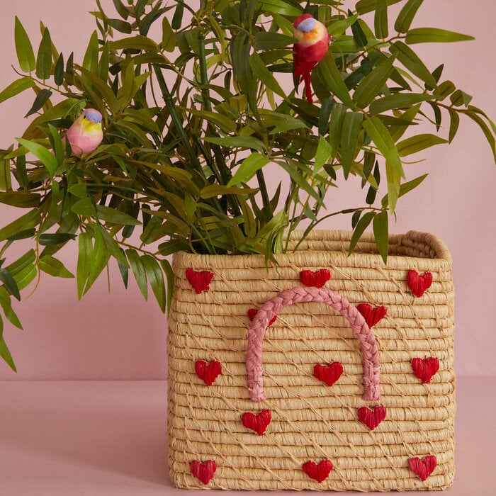 RICE - Raffia Opbergmand Naturel met Hartjes