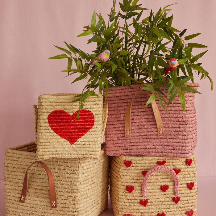 RICE - Raffia Opbergmand Naturel met Hartjes