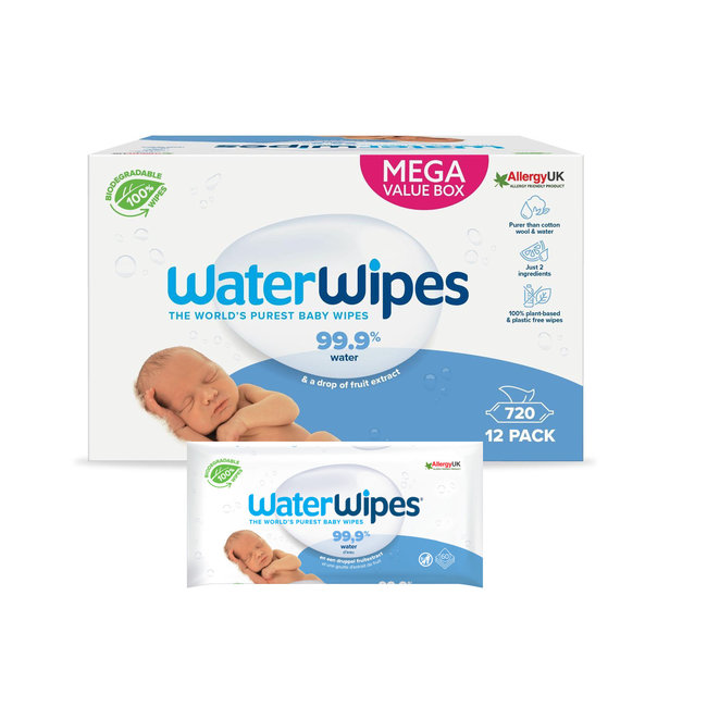 WaterWipes - Billendoekjes - Gevoelige huid - 12 x 60 stuks - 99,9% Water - Plastic vrij