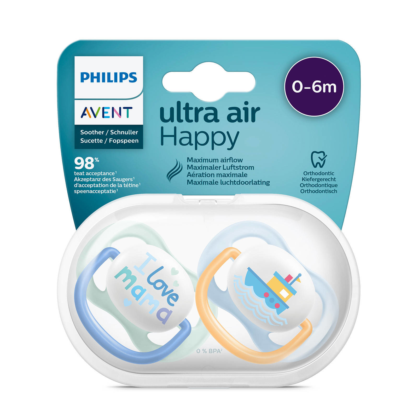 Philips - Ultra Air Fopspeen - mnd - Blauwe - 2 stuks - Babydrogist.nl