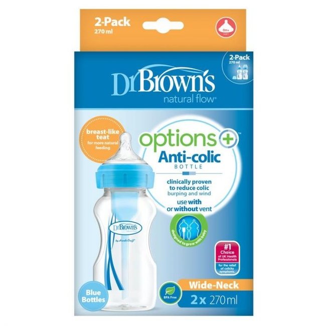 Dr Browns - Options+ - Anti koliek - Brede Hals Fles - Blauw - 2 x 270ml