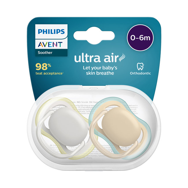 Philips Avent - Ultra Air - Fopspeen - 0/6 maanden - 2 stuks - SCF085/15 - Wit / Geel