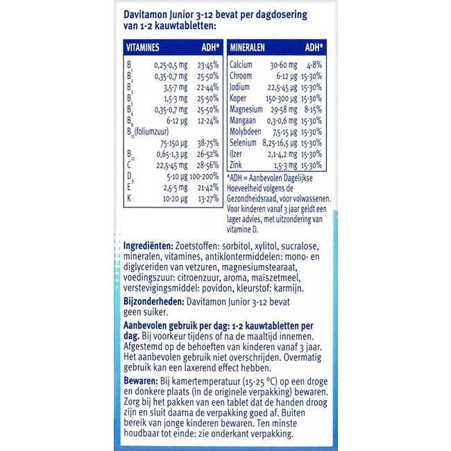 Davitamon - Junior 3-12 - Framboos - 60 Kauwtabletten