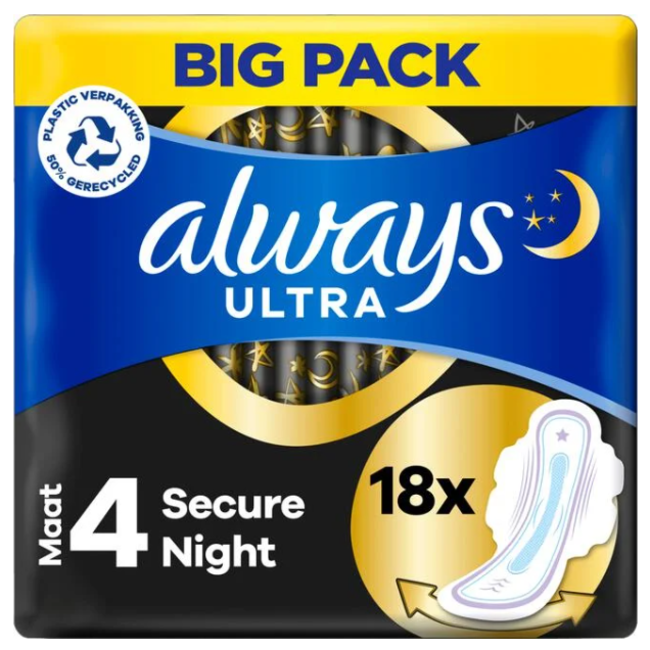 Always Always - Maandverband Ultra Secure Night - Met Vleugels - Maat 4 - 18 Pads