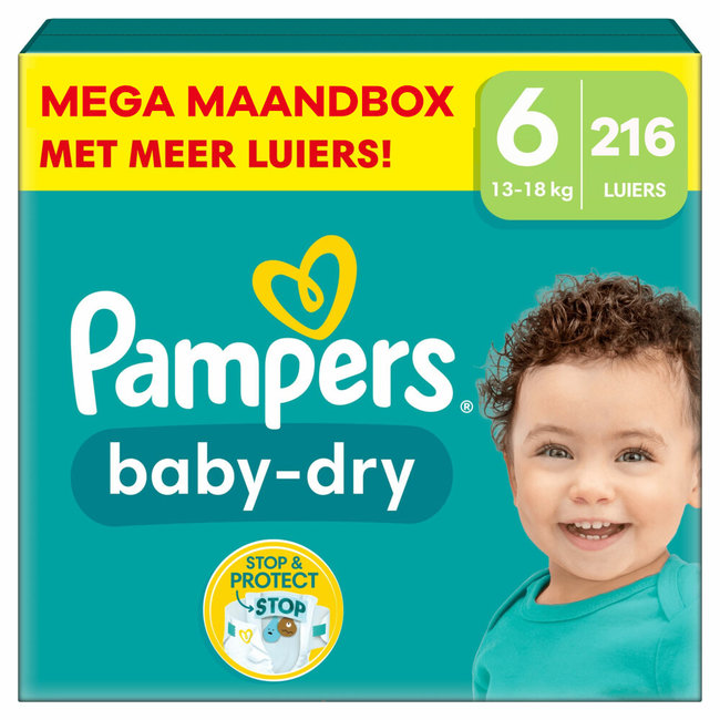 Percentage Brood Beroemdheid Pampers - Baby Dry - Maat 6 - Mega Maandbox - 216 luiers - Babydrogist.nl