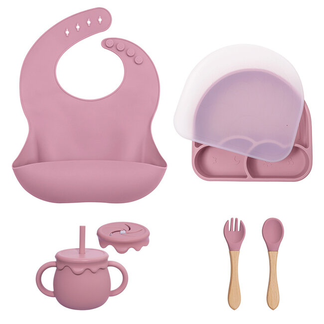 Dutsi Dutsi - Frosty Cloud Baby Eetset: Het Complete 7-Delige Siliconen Servies Cadeau - Oudroze