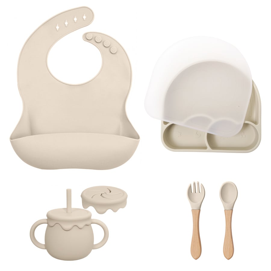 Dutsi - Frosty Cloud - Baby Eetset: Het Complete 7-Delige Siliconen Servies Cadeau - Sand