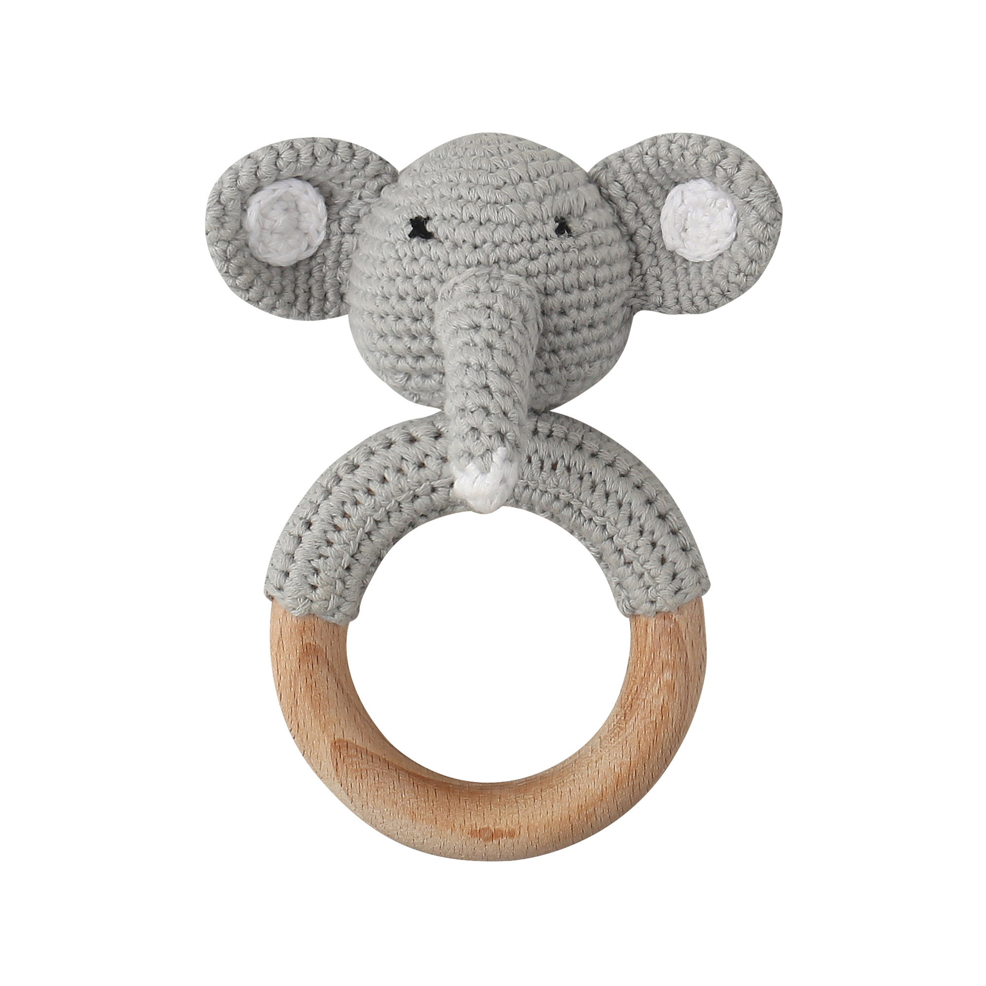 Dutsi - Houten Bijtring & Rammelaar - Met Gebreid Dierenfiguurtje - Ø 7 cm  - Olifant