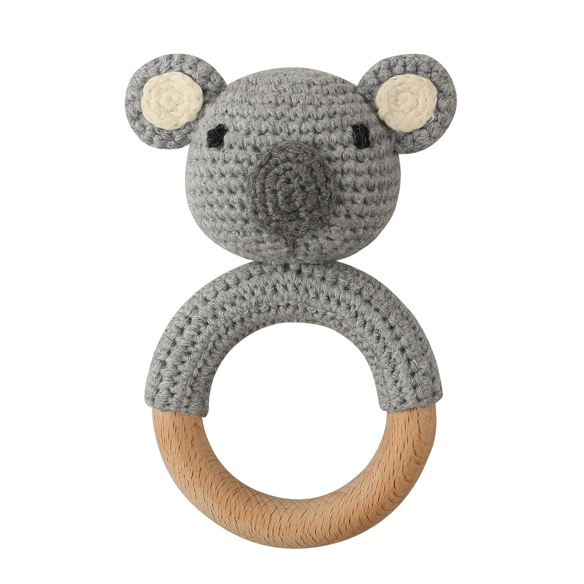 Dutsi - Houten Bijtring & Rammelaar - Met Gebreid Dierenfiguurtje - Ø 7 cm  - Koala