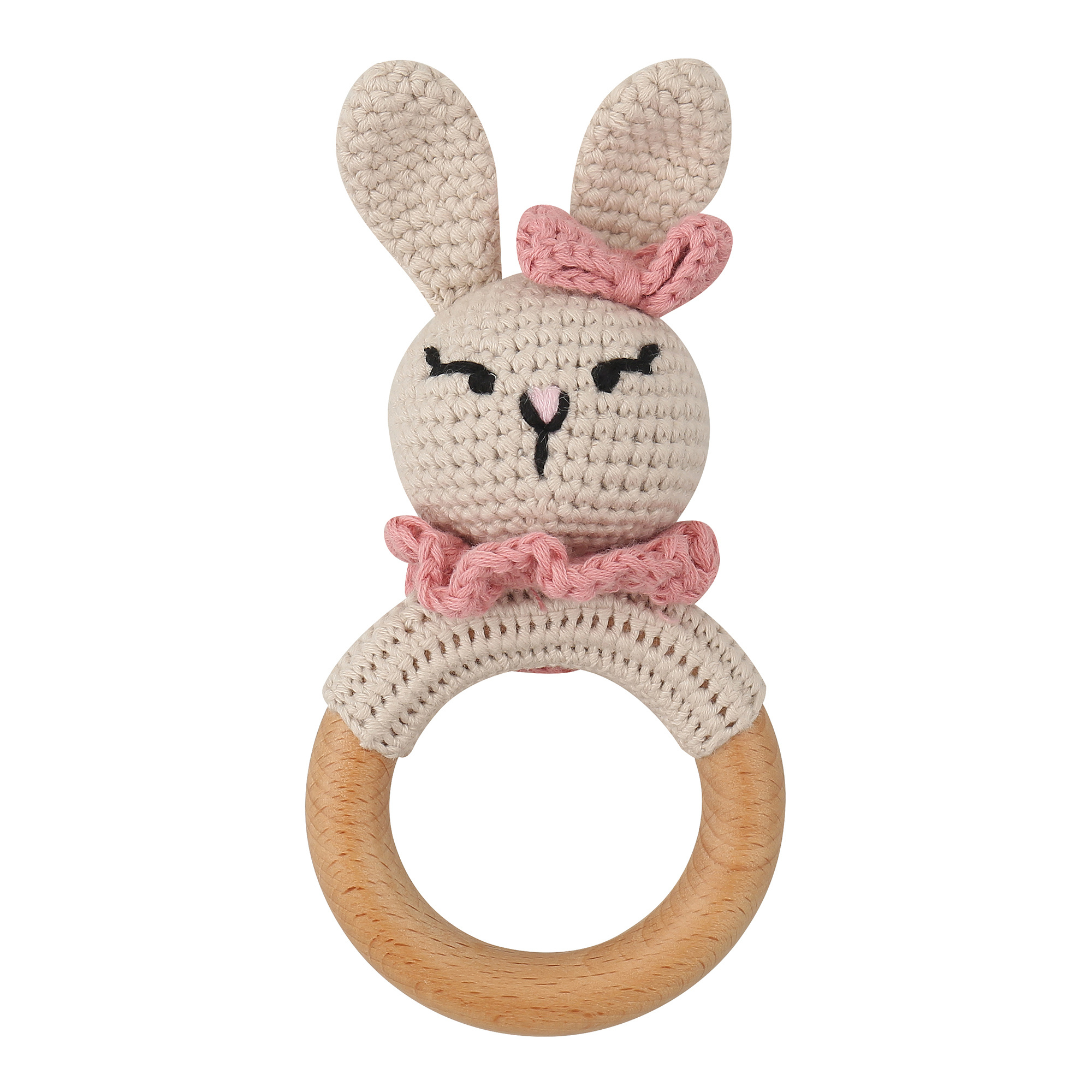 Dutsi - Houten Bijtring & Rammelaar - Met Gebreid Dierenfiguurtje - Ø 7 cm  - Konijn
