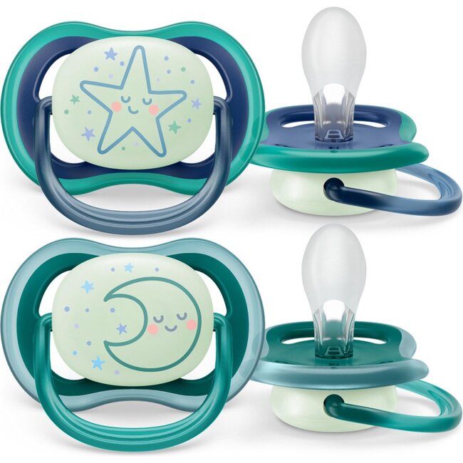 Philips Avent Philips Avent Ultra Air Nighttime Glow in the Dark Fopspeen - 6 tot 18 maanden - 2 Speentjes - Donkerblauw/Donkergroen Ster/Maan