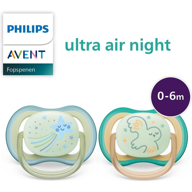 Philips Avent Ultra Air Nighttime Glow in the Dark Fopspeen - 0 tot 6 Maanden - 2 Speentjes - Groen/Oranje Ster/Uil