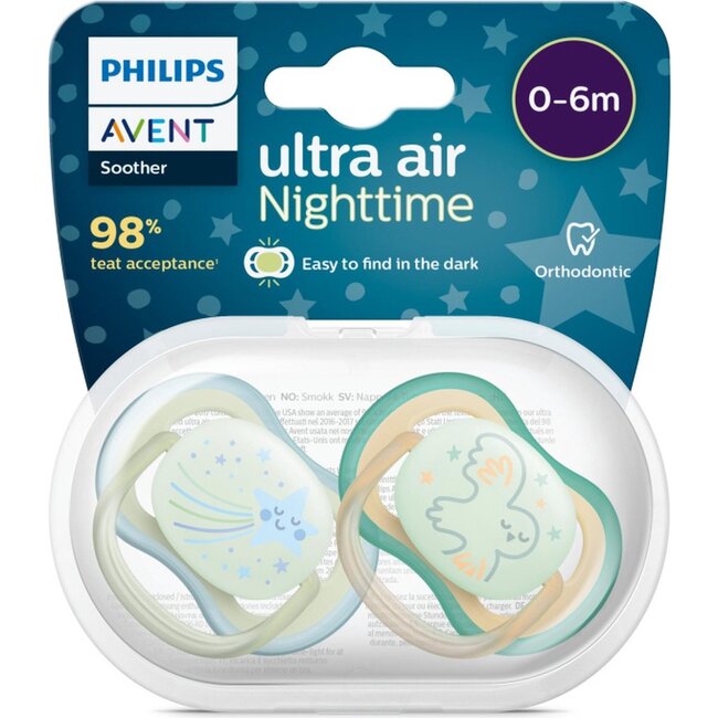 Philips Avent Ultra Air Nighttime Glow in the Dark Fopspeen - 0 tot 6 Maanden - 2 Speentjes - Groen/Oranje Ster/Uil