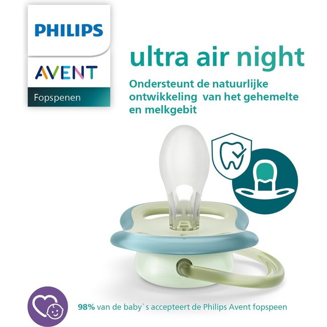 Philips Avent Ultra Air Nighttime Glow in the Dark Fopspeen - 0 tot 6 Maanden - 2 Speentjes - Groen/Oranje Ster/Uil