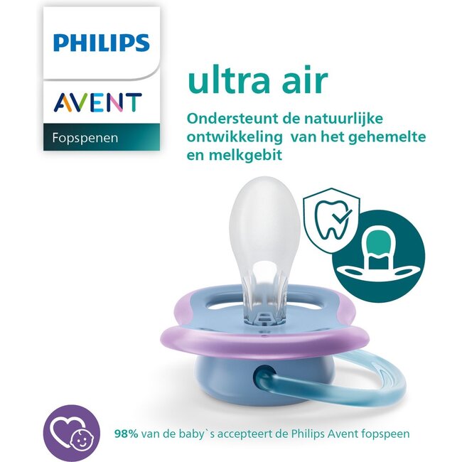 Philips Avent Ultra Air Fopspeen - 6 tot 18 Maanden - 2 Speentjes - Blauw/Roze Vis/Zeepaard