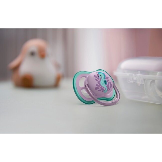 Philips Avent Ultra Air Fopspeen - 6 tot 18 Maanden - 2 Speentjes - Blauw/Roze Vis/Zeepaard