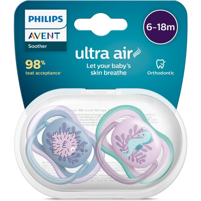 Philips Avent Ultra Air Fopspeen - 6 tot 18 Maanden - 2 Speentjes - Blauw/Roze Vis/Zeepaard