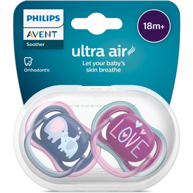 Philips Avent Ultra Air Fopspeen - 18+ Maanden - 2 Speentjes - Donkerblauw/Paars Olifant/Love