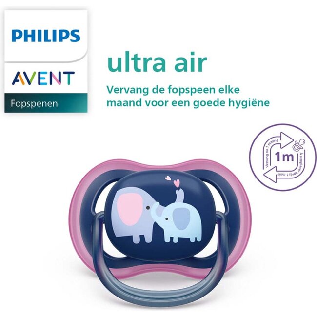 Philips Avent Ultra Air Fopspeen - 18+ Maanden - 2 Speentjes - Donkerblauw/Paars Olifant/Love