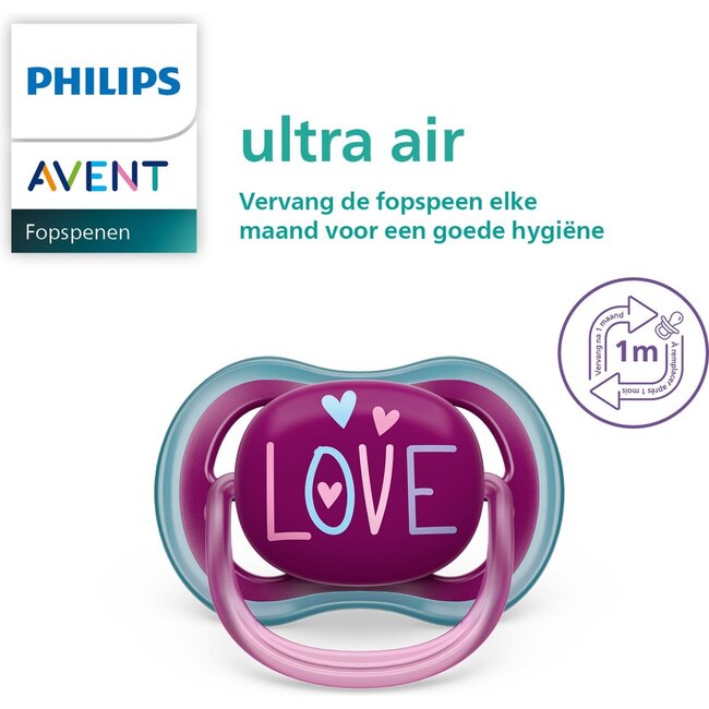 Philips Avent Ultra Air Fopspeen - 18+ Maanden - 2 Speentjes - Donkerblauw/Paars Olifant/Love