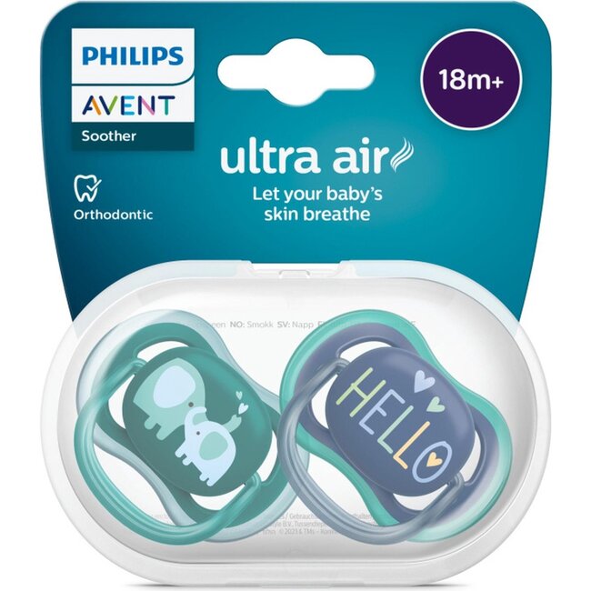 Philips Avent Ultra Air Fopspeen - 18+ Maanden - 2 Speentjes - Donkergroen/Donkerblauw Olifant/Hello