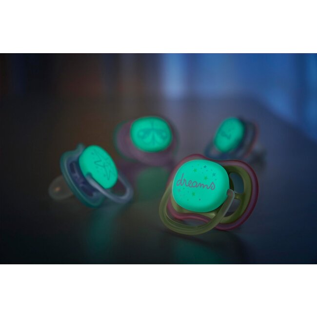 Philips Avent Ultra Air Fopspeen - Nighttime - 0 tot 6 Maanden - 2 Speentjes - Groen/Paars - Vuurvliegje/Dreams