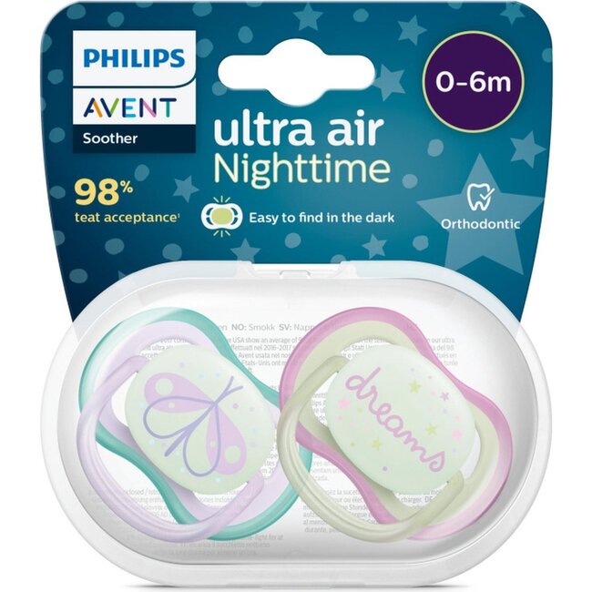 Philips Avent Ultra Air Fopspeen - Nighttime - 0 tot 6 Maanden - 2 Speentjes - Groen/Paars - Vuurvliegje/Dreams