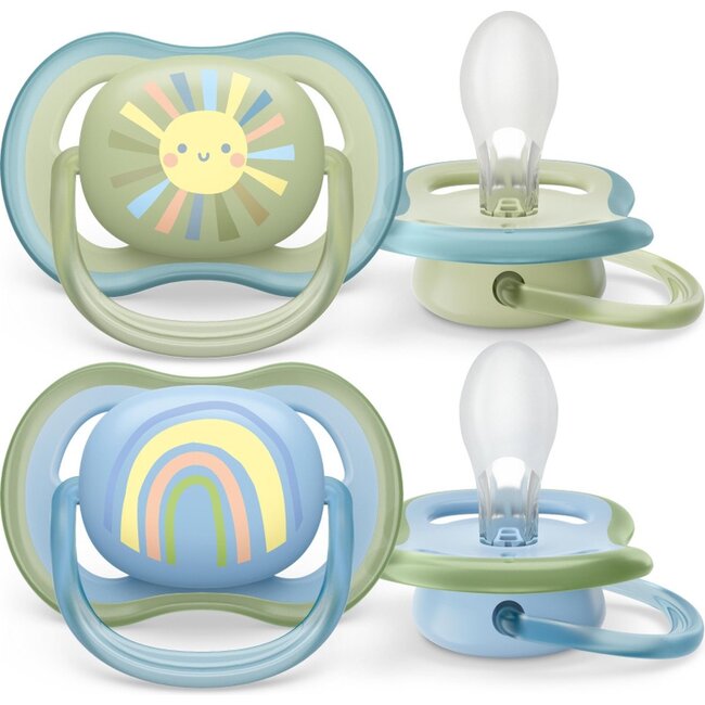 Philips Avent Ultra Air Fopspeen - 0 tot 6 Maanden - 2 Speentjes - Groen/Blauw Zon/Regenboog