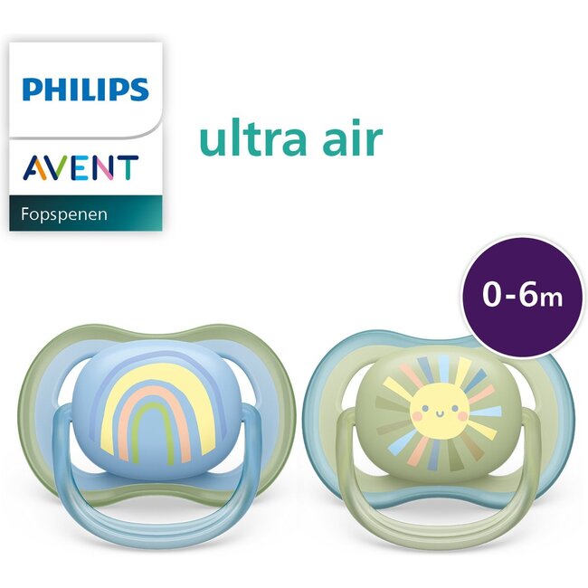 Philips Avent Ultra Air Fopspeen - 0 tot 6 Maanden - 2 Speentjes - Groen/Blauw Zon/Regenboog