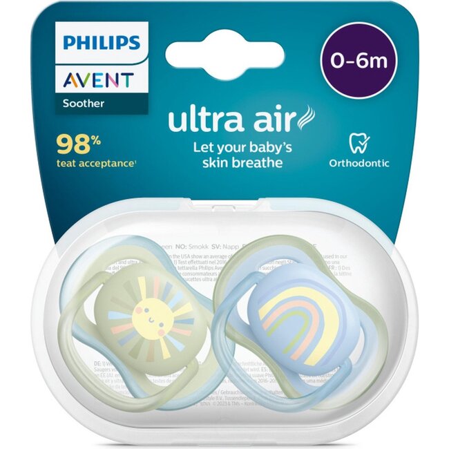 Philips Avent Ultra Air Fopspeen - 0 tot 6 Maanden - 2 Speentjes - Groen/Blauw Zon/Regenboog