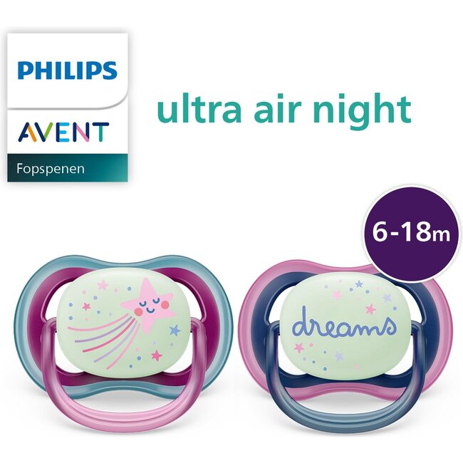 Philips Avent Ultra Air Nighttime Glow in the Dark Fopspeen - 6 tot 18 Maanden - 2 Stuks - Paars/Donkerblauw Ster/Dreams