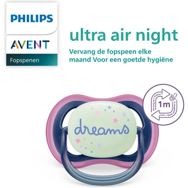 Philips Avent Ultra Air Nighttime Glow in the Dark Fopspeen - 6 tot 18 Maanden - 2 Stuks - Paars/Donkerblauw Ster/Dreams