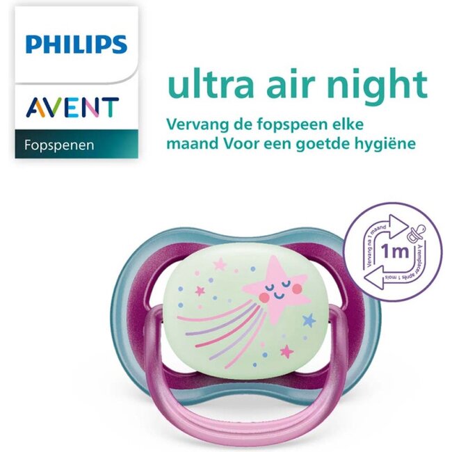 Philips Avent Ultra Air Nighttime Glow in the Dark Fopspeen - 6 tot 18 Maanden - 2 Stuks - Paars/Donkerblauw Ster/Dreams