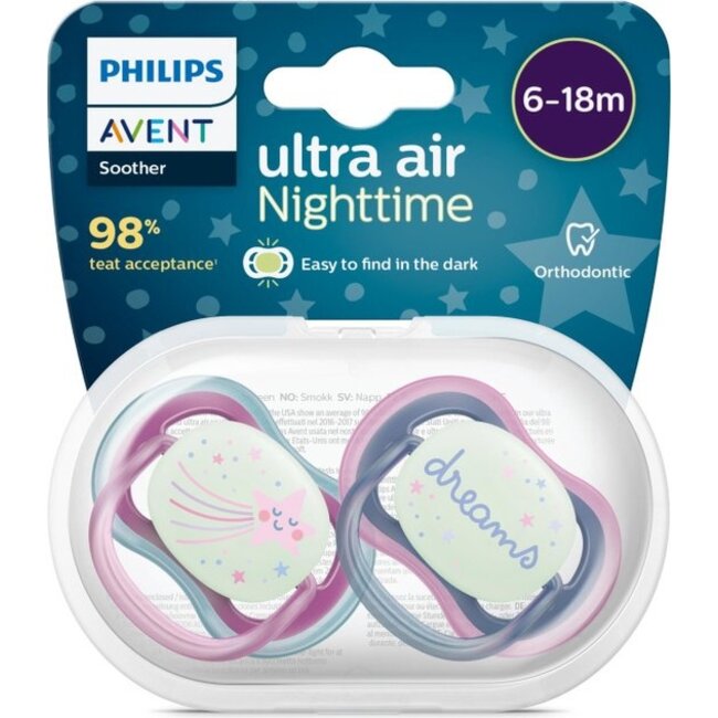 Philips Avent Ultra Air Nighttime Glow in the Dark Fopspeen - 6 tot 18 Maanden - 2 Stuks - Paars/Donkerblauw Ster/Dreams
