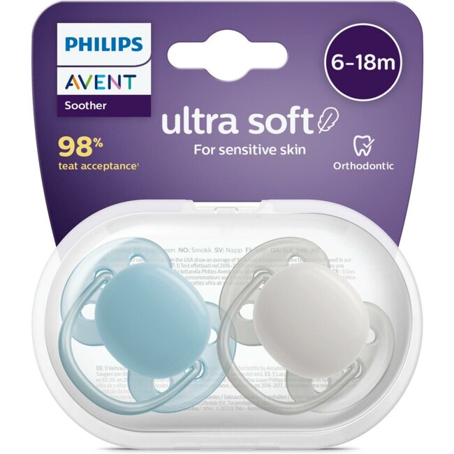 Philips Avent Ultra Soft Fopspeen - 6 tot 18 Maanden - 2 Stuks - Blauw/Grijs