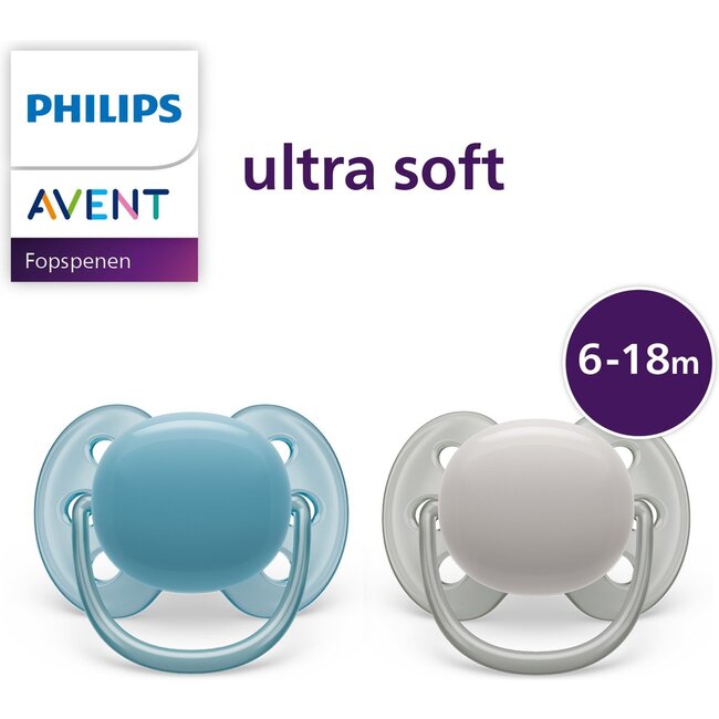 Philips Avent Ultra Soft Fopspeen - 6 tot 18 Maanden - 2 Stuks - Blauw/Grijs