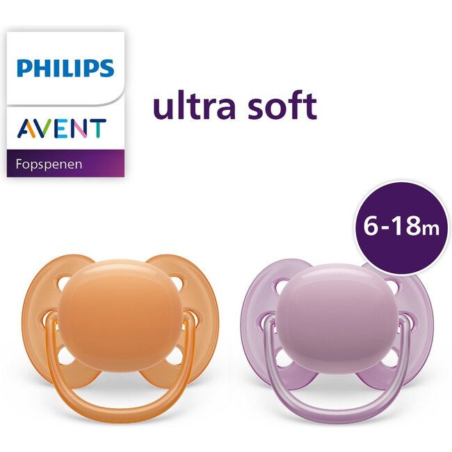 Philips Avent Ultra Soft Fopspeen - 6 tot 18 Maanden - 2 Stuks - Roze/Oranje